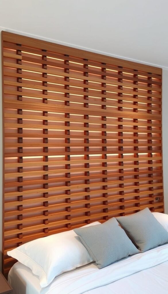 A beautifully crafted custom wood slat headboard wall, featuring intricate wooden slats arranged in a visually striking pattern. The headboard takes center stage, casting warm, soft lighting across the bedroom. The slats are precisely cut and expertly assembled, creating a cozy, inviting atmosphere. The natural wood grain adds depth and texture, complementing the room's neutral color palette. The headboard is positioned against a plain, white wall, allowing the craftsmanship to shine. The lighting is soft and diffused, creating a serene, relaxing ambiance. The camera captures the headboard at a slight angle, showcasing its impressive design and seamless integration with the overall bedroom decor.