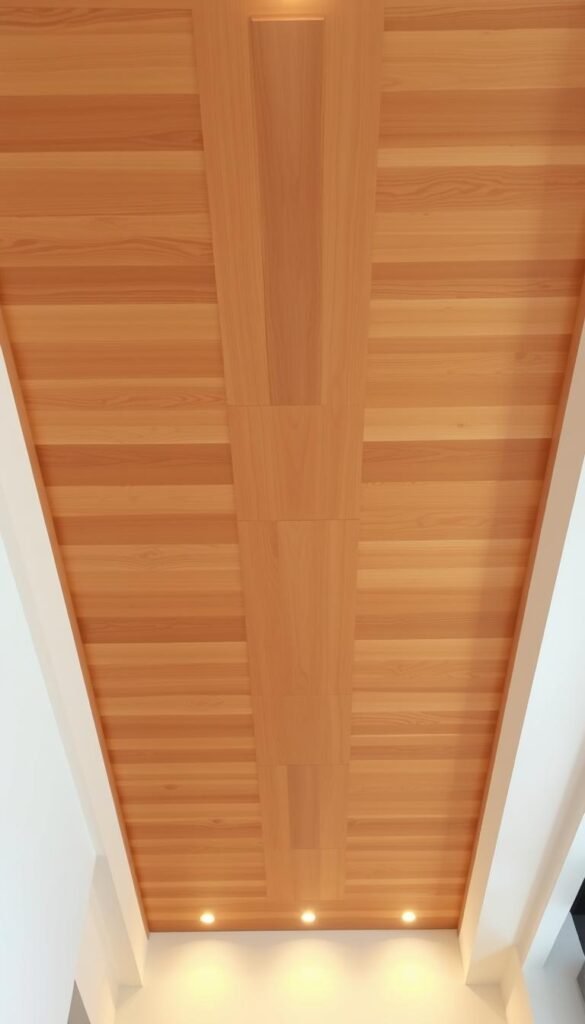 A beautifully crafted wood false ceiling, its natural grain and texture illuminated by warm, diffused lighting. The design features intricate geometric patterns, with slightly raised sections creating depth and visual interest. The wood has a rich, honey-like hue, complemented by the soft, neutral tones of the surrounding walls. Subtle shadows and highlights accentuate the three-dimensional quality, evoking a sense of rustic elegance and timeless sophistication. The overall atmosphere is one of cozy, inviting comfort, perfectly suited for a modern living room.