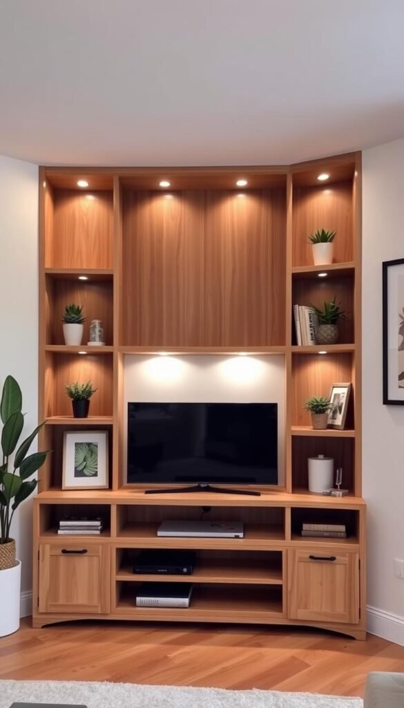 A beautifully designed corner TV storage unit with ample shelving and display space. The warm, natural wood finish blends seamlessly with the minimalist, Scandinavian-inspired aesthetic. Strategically placed task lighting casts a gentle glow, accentuating the clean lines and visual interest of the arrangement. Stylish decorative accents, such as potted plants and framed artwork, add a touch of personalization. The unit is positioned at an optimal angle, creating a cozy, inviting focal point that draws the eye and complements the overall living room design.
