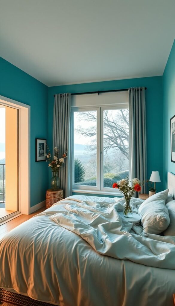 A beautifully lit bedroom interior, the walls bathed in a serene blue-green hue. Soft, warm lighting casts a gentle glow, creating a calming and introspective atmosphere. The bed is dressed in plush, neutral linens, inviting relaxation. Vases of fresh flowers add a touch of nature, while framed art and minimal decor create a sense of balance and harmony. The large window offers a view of a tranquil outdoor scene, blending the indoors and outdoors. The overall mood is one of serenity, mindfulness, and emotional well-being - a sanctuary for the senses.