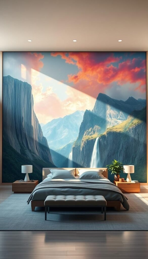 A breathtaking, oversized oil painting dominates a spacious, sun-drenched bedroom. The artwork depicts a serene, dreamlike landscape with towering mountains, cascading waterfalls, and a vibrant, colorful sky. Soft, diffused lighting casts a warm glow, highlighting the textured brushstrokes and the painting's impressive scale, which dwarfs the surrounding furniture. The bedroom's neutral, minimalist decor provides a perfect canvas for the captivating, larger-than-life artwork, creating a harmonious, museum-like atmosphere that invites contemplation and awe. A breathtaking, oversized oil painting dominates a spacious, sun-drenched bedroom. The artwork depicts a serene, dreamlike landscape with towering mountains, cascading waterfalls, and a vibrant, colorful sky. Soft, diffused lighting casts a warm glow, highlighting the textured brushstrokes and the painting's impressive scale, which dwarfs the surrounding furniture. The bedroom's neutral, minimalist decor provides a perfect canvas for the captivating, larger-than-life artwork, creating a harmonious, museum-like atmosphere that invites contemplation and awe.