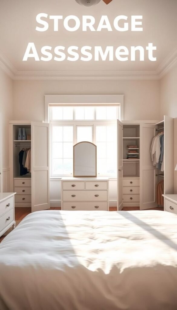 A bright, airy bedroom with a focus on storage assessment. The foreground features a neatly made bed, with nightstands on either side showcasing potential storage spaces. The middle ground presents a dresser and closet, their doors open to reveal organizational systems and shelving. The background captures a large window, allowing natural light to flood the scene, casting a warm, inviting glow. The overall atmosphere is one of thoughtful planning, with an emphasis on maximizing the available space through strategic storage solutions. The camera angle is slightly elevated, providing a comprehensive view of the room's layout and storage potential. A bright, airy bedroom with a focus on storage assessment. The foreground features a neatly made bed, with nightstands on either side showcasing potential storage spaces. The middle ground presents a dresser and closet, their doors open to reveal organizational systems and shelving. The background captures a large window, allowing natural light to flood the scene, casting a warm, inviting glow. The overall atmosphere is one of thoughtful planning, with an emphasis on maximizing the available space through strategic storage solutions. The camera angle is slightly elevated, providing a comprehensive view of the room's layout and storage potential.