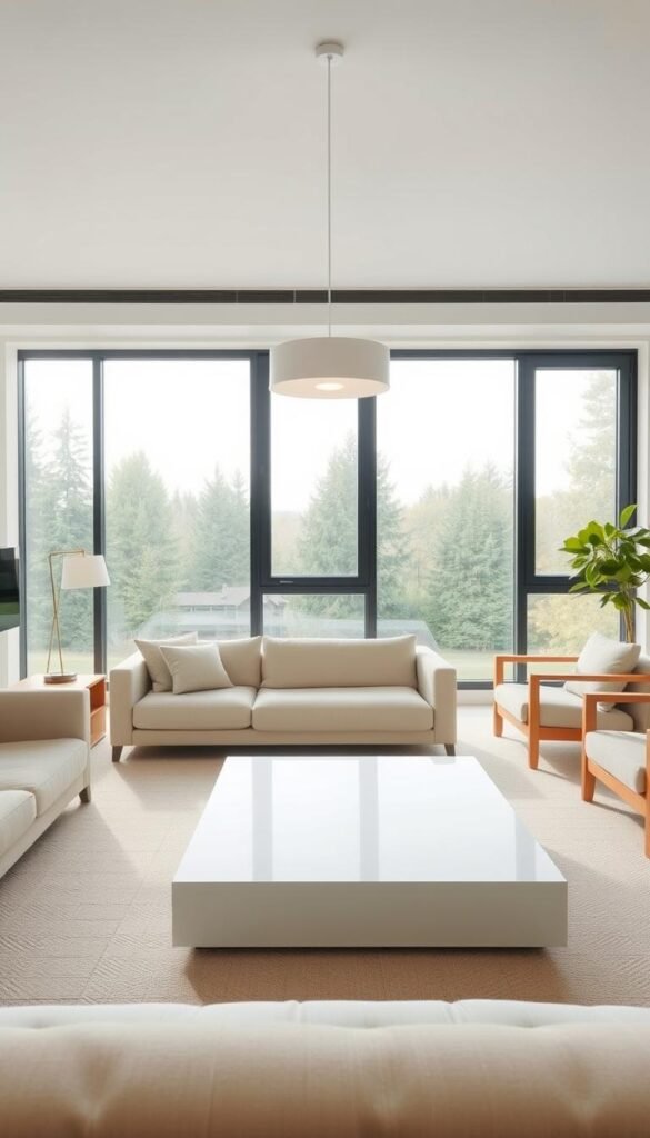 A bright, airy living room with a minimalist, Scandinavian-inspired aesthetic. In the foreground, a cozy, low-profile sofa with clean lines and neutral upholstery, accented by a pair of sleek, wooden end tables. In the middle ground, a large, rectangular coffee table with a smooth, lacquered surface, flanked by a pair of comfortable, armchairs with subtly curved frames. The background features a wall of floor-to-ceiling windows, allowing natural light to pour in and illuminate the space. Soft, diffused lighting from a modern, pendant lamp overhead creates a warm, inviting ambiance. The overall atmosphere is one of simplicity, functionality, and timeless style. A bright, airy living room with a minimalist, Scandinavian-inspired aesthetic. In the foreground, a cozy, low-profile sofa with clean lines and neutral upholstery, accented by a pair of sleek, wooden end tables. In the middle ground, a large, rectangular coffee table with a smooth, lacquered surface, flanked by a pair of comfortable, armchairs with subtly curved frames. The background features a wall of floor-to-ceiling windows, allowing natural light to pour in and illuminate the space. Soft, diffused lighting from a modern, pendant lamp overhead creates a warm, inviting ambiance. The overall atmosphere is one of simplicity, functionality, and timeless style.