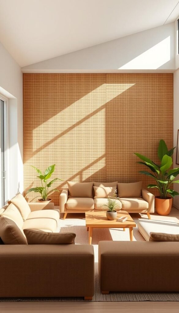 A bright, airy minimalist living room bathed in natural light. The main focus is a large, textured wall feature made of natural materials like bamboo or woven grass. Plush, earthy-toned seating with clean lines provides a cozy seating area. Strategically placed potted plants and a simple, wooden coffee table complete the minimalist design. Soft shadows and highlights accentuate the natural textures, creating a warm, inviting atmosphere. The overall aesthetic is one of understated elegance and visual interest through texture, rather than ornamentation. A bright, airy minimalist living room bathed in natural light. The main focus is a large, textured wall feature made of natural materials like bamboo or woven grass. Plush, earthy-toned seating with clean lines provides a cozy seating area. Strategically placed potted plants and a simple, wooden coffee table complete the minimalist design. Soft shadows and highlights accentuate the natural textures, creating a warm, inviting atmosphere. The overall aesthetic is one of understated elegance and visual interest through texture, rather than ornamentation.