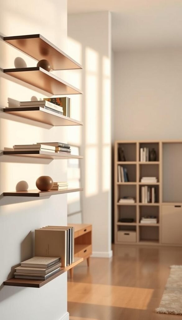 A bright, minimalist living room with functional and stylish shelving designs. In the foreground, sleek floating shelves with a mix of decorative items and books, casting soft shadows. In the middle ground, a modern modular shelving unit with clean lines and various storage compartments. The background features a neutral-toned wall, accentuating the natural wood tones and metallic accents of the shelving. The lighting is warm and diffused, creating a cozy, welcoming atmosphere. The overall scene conveys a balance of form and function, elevating the living space with a visually appealing and practical storage solution. A bright, minimalist living room with functional and stylish shelving designs. In the foreground, sleek floating shelves with a mix of decorative items and books, casting soft shadows. In the middle ground, a modern modular shelving unit with clean lines and various storage compartments. The background features a neutral-toned wall, accentuating the natural wood tones and metallic accents of the shelving. The lighting is warm and diffused, creating a cozy, welcoming atmosphere. The overall scene conveys a balance of form and function, elevating the living space with a visually appealing and practical storage solution.
