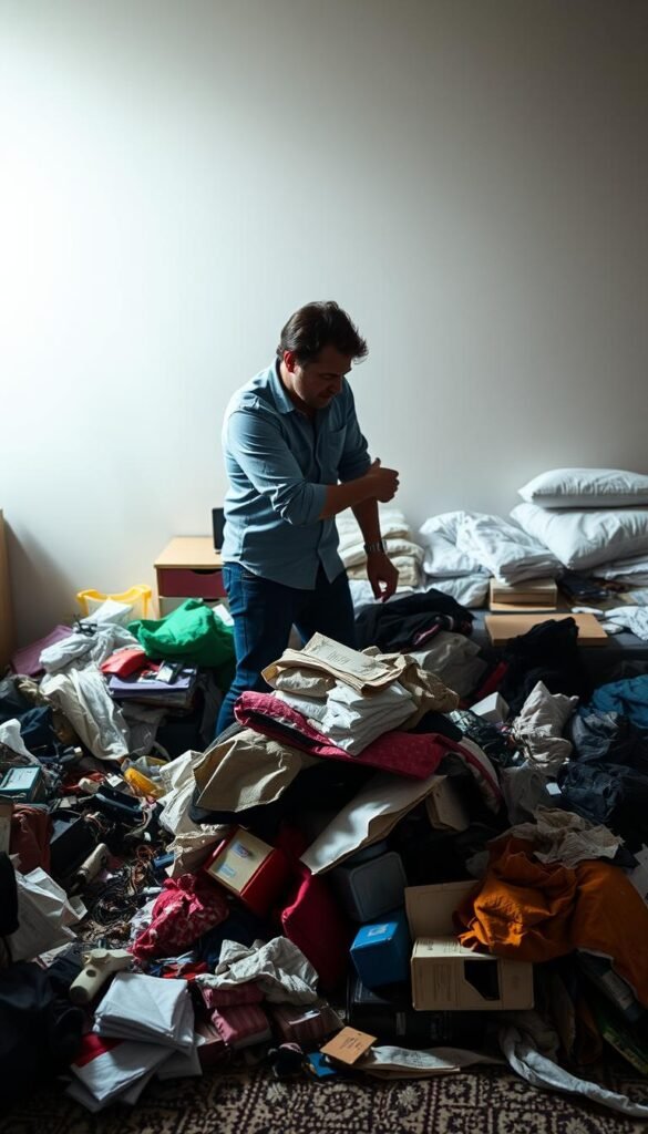 A cluttered bedroom, items scattered carelessly on the floor. In the foreground, a determined figure, sleeves rolled up, sorting through the mess with ruthless efficiency. Piles of discarded possessions, the aftermath of a relentless decluttering process, surround the figure. Harsh, direct lighting casts sharp shadows, emphasizing the task at hand. The background fades into a hazy, minimalist space, devoid of distractions, the focus solely on the decluttering action. A sense of purpose and determination permeates the scene, the figure's expression unwavering as they pursue a tidy, organized sanctuary.