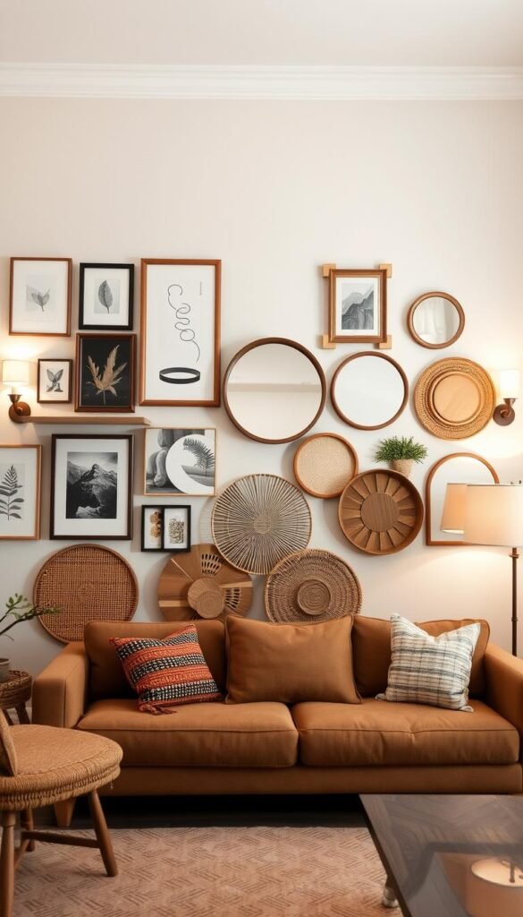 A cohesive, visually harmonious living room wall design with a mix of textural elements. The foreground features an assortment of framed artwork, wall-mounted shelves, and decorative mirrors arranged in a balanced, asymmetrical layout. The middle ground showcases a combination of natural materials like wood, rattan, and woven textures, creating visual interest and depth. The background has a warm, neutral color palette with subtle, muted tones, complementing the overall design. Soft, diffused lighting from sconces and floor lamps casts a cozy, inviting glow, establishing a serene and personalized ambiance. The overall composition effortlessly ties the design elements together, elevating the living space with a sense of cohesion and refined sophistication. A cohesive, visually harmonious living room wall design with a mix of textural elements. The foreground features an assortment of framed artwork, wall-mounted shelves, and decorative mirrors arranged in a balanced, asymmetrical layout. The middle ground showcases a combination of natural materials like wood, rattan, and woven textures, creating visual interest and depth. The background has a warm, neutral color palette with subtle, muted tones, complementing the overall design. Soft, diffused lighting from sconces and floor lamps casts a cozy, inviting glow, establishing a serene and personalized ambiance. The overall composition effortlessly ties the design elements together, elevating the living space with a sense of cohesion and refined sophistication.