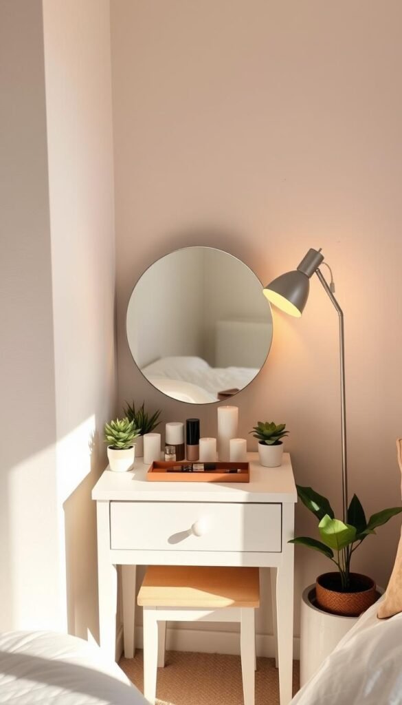 A compact, well-organized vanity setup in a cozy, sun-drenched bedroom corner. A minimalist white vanity with a single drawer and a round mirror takes center stage, flanked by small potted plants and a few carefully curated decor pieces. The vanity's surface is neatly arranged with a makeup organizer, candles, and a small tray. Warm, diffused lighting from a sleek table lamp casts a soft, inviting glow, creating a serene and functional workspace. The background features a neutral-toned wall with subtle textural details, complementing the clean, modern aesthetic. This space-saving vanity setup seamlessly blends form and function, offering a brilliant solution for small bedrooms.