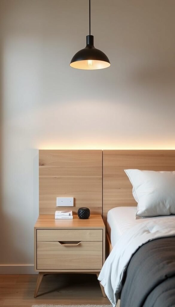 A contemporary bedroom with a sleek, minimalist headboard in light wood tones, paired with a matching nightstand featuring clean lines and a subtle, tapered design. The space is bathed in warm, diffused lighting from a stylish pendant lamp overhead, creating a cozy and inviting atmosphere. The nightstand has a simple, uncluttered surface, allowing for a few tasteful decorative accents to stand out. The overall aesthetic is one of sophisticated simplicity, reflecting a harmonious blend of form and function that elevates the bedroom's visual appeal.