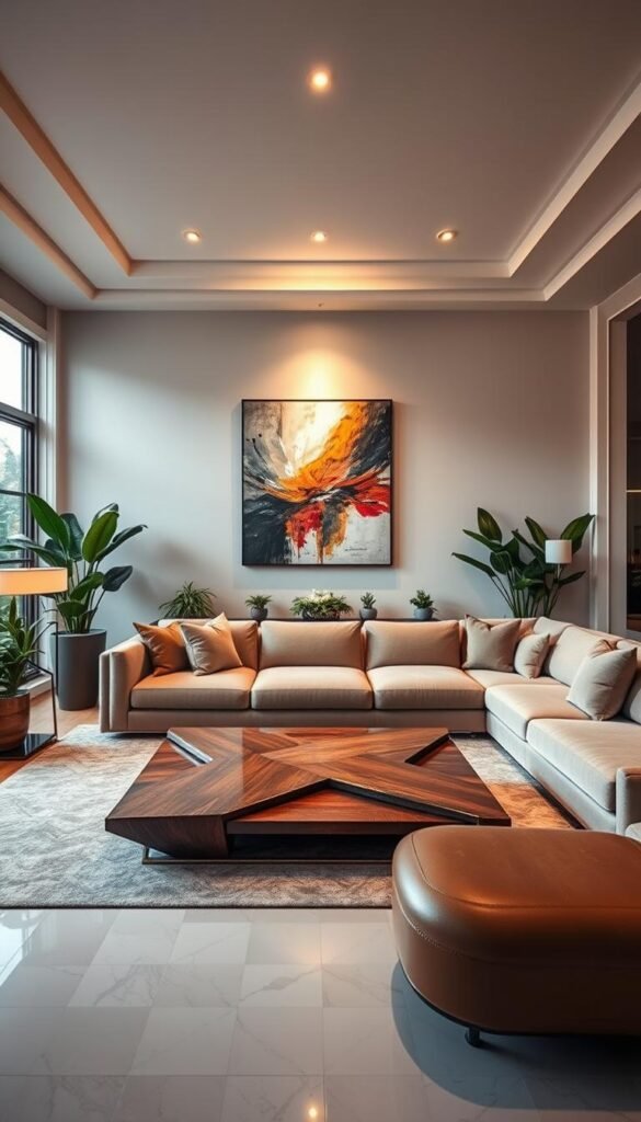 A contemporary luxury living room with a timeless appeal. A spacious, well-lit room with large windows that allow natural light to flood the space. A plush, L-shaped sofa in a neutral tone, complemented by a modern, geometric coffee table made of polished wood and metal. In the center, a striking abstract artwork hangs on the wall, casting a warm glow from the recessed lighting above. Lush potted plants adorn the room, adding a touch of greenery. Elegant, minimalist lamps flank the sofa, their soft light creating a cozy ambiance. The room exudes a sense of sophistication and timeless elegance.