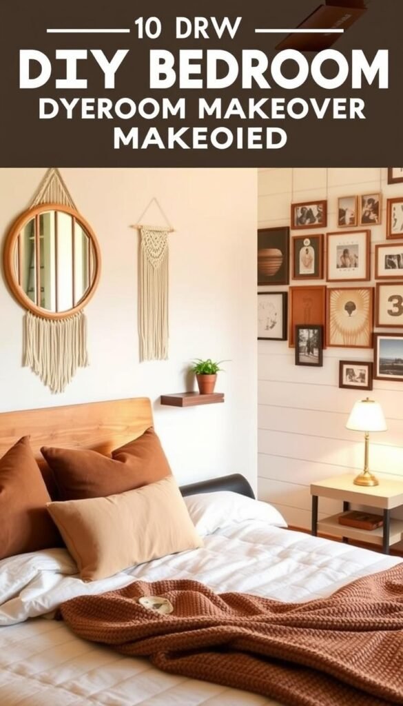 A cozy DIY bedroom with warm, inviting lighting and a mix of modern and rustic decor elements. In the foreground, a handcrafted wooden headboard, plush bedding, and a collection of throw pillows in earthy tones. Hanging on the wall, a macrame wall hanging and a geometric mirror. In the middle ground, a DIY floating nightstand with a potted plant and a vintage-inspired table lamp. The background features a shiplap accent wall and an array of framed wall art, showcasing a variety of DIY bedroom makeover ideas.