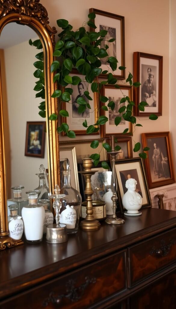 A cozy and eclectic bedroom dresser decor with vintage charm. In the foreground, an ornate antique mirror sits atop the dresser, its gilded frame reflecting the warm lighting. Vintage glass bottles, porcelain figurines, and a tarnished brass candlestick create a curated display. The middle ground features a selection of framed art prints and photographs, arranged asymmetrically to add visual interest. In the background, a lush indoor plant cascades over the dresser's edge, complementing the aged wood tones. The scene is bathed in soft, directional lighting, casting subtle shadows and highlighting the textures of the various decor pieces. An intimate, timeless atmosphere pervades the space. A cozy and eclectic bedroom dresser decor with vintage charm. In the foreground, an ornate antique mirror sits atop the dresser, its gilded frame reflecting the warm lighting. Vintage glass bottles, porcelain figurines, and a tarnished brass candlestick create a curated display. The middle ground features a selection of framed art prints and photographs, arranged asymmetrically to add visual interest. In the background, a lush indoor plant cascades over the dresser's edge, complementing the aged wood tones. The scene is bathed in soft, directional lighting, casting subtle shadows and highlighting the textures of the various decor pieces. An intimate, timeless atmosphere pervades the space.