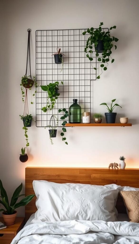A cozy and functional bedroom wall featuring a mix of hanging plants, a sleek wire wall grid, and a modern floating shelf displaying decorative items. The lighting is soft and warm, creating a inviting ambiance. The overall aesthetic is minimalist yet stylish, with clean lines and natural textures blending seamlessly. The placement of the elements suggests an intentional, balanced design that serves both practical and aesthetic purposes. The wall acts as a focal point, adding personality and visual interest to the space. A cozy and functional bedroom wall featuring a mix of hanging plants, a sleek wire wall grid, and a modern floating shelf displaying decorative items. The lighting is soft and warm, creating a inviting ambiance. The overall aesthetic is minimalist yet stylish, with clean lines and natural textures blending seamlessly. The placement of the elements suggests an intentional, balanced design that serves both practical and aesthetic purposes. The wall acts as a focal point, adding personality and visual interest to the space.