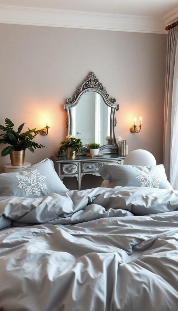 A cozy and intimate gray bedroom with soft, romantic touches. In the foreground, a plush, oversized gray comforter and pillows adorned with delicate lace accents, creating a serene and inviting atmosphere. The middle ground features a vintage-inspired mirrored vanity with intricate metalwork, accompanied by a pair of lush, potted plants. Warm, ambient lighting from a pair of antique-style sconces casts a gentle glow, highlighting the elegant silhouettes of the furniture. The background showcases a textured, dove-gray accent wall, adding depth and sophistication to the space. Hazy, diffused light filters through sheer, gauzy curtains, completing the tranquil, feminine ambiance. A cozy and intimate gray bedroom with soft, romantic touches. In the foreground, a plush, oversized gray comforter and pillows adorned with delicate lace accents, creating a serene and inviting atmosphere. The middle ground features a vintage-inspired mirrored vanity with intricate metalwork, accompanied by a pair of lush, potted plants. Warm, ambient lighting from a pair of antique-style sconces casts a gentle glow, highlighting the elegant silhouettes of the furniture. The background showcases a textured, dove-gray accent wall, adding depth and sophistication to the space. Hazy, diffused light filters through sheer, gauzy curtains, completing the tranquil, feminine ambiance.