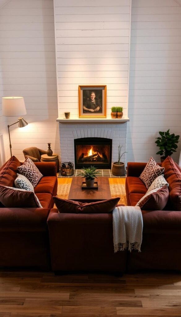 A cozy and intimate living room layout with a warm, fireplace focal point. In the foreground, a plush, overstuffed sofa and loveseat in rich, jewel-toned upholstery face the fireplace, creating a conversational seating arrangement. Layered textiles, including patterned throw pillows and a soft, woven blanket, add visual interest and texture. In the middle ground, a sturdy, wooden coffee table grounds the space, while a pair of matching end tables flank the fireplace, each adorned with a lush, potted plant. Ambient lighting from the fireplace and a single, floor-standing lamp creates a soft, inviting glow, casting a golden hue across the scene. The background features whitewashed walls and hardwood flooring, keeping the focus on the cozy, intimate furniture layout. A cozy and intimate living room layout with a warm, fireplace focal point. In the foreground, a plush, overstuffed sofa and loveseat in rich, jewel-toned upholstery face the fireplace, creating a conversational seating arrangement. Layered textiles, including patterned throw pillows and a soft, woven blanket, add visual interest and texture. In the middle ground, a sturdy, wooden coffee table grounds the space, while a pair of matching end tables flank the fireplace, each adorned with a lush, potted plant. Ambient lighting from the fireplace and a single, floor-standing lamp creates a soft, inviting glow, casting a golden hue across the scene. The background features whitewashed walls and hardwood flooring, keeping the focus on the cozy, intimate furniture layout.