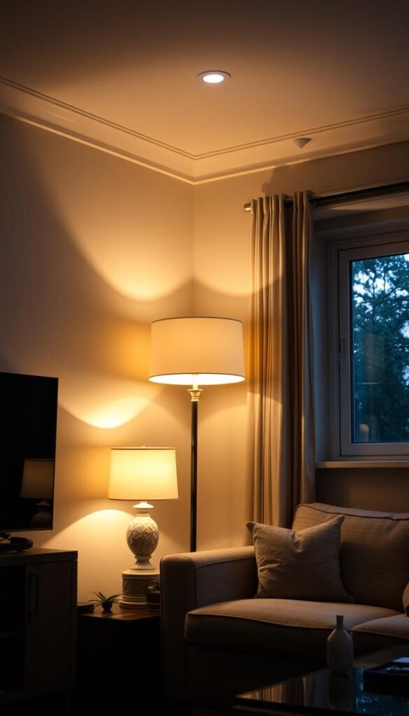 A cozy and intimate small living room bathed in layered lighting. The warm glow of a floor lamp casts a soft, diffused light across the room, complemented by the subtle illumination of recessed ceiling lights. A decorative table lamp on a side table adds a touch of ambiance, while a large window allows natural daylight to filter in, creating a harmonious balance of artificial and natural light. The overall effect is a welcoming and inviting atmosphere, perfect for relaxation and conversation.