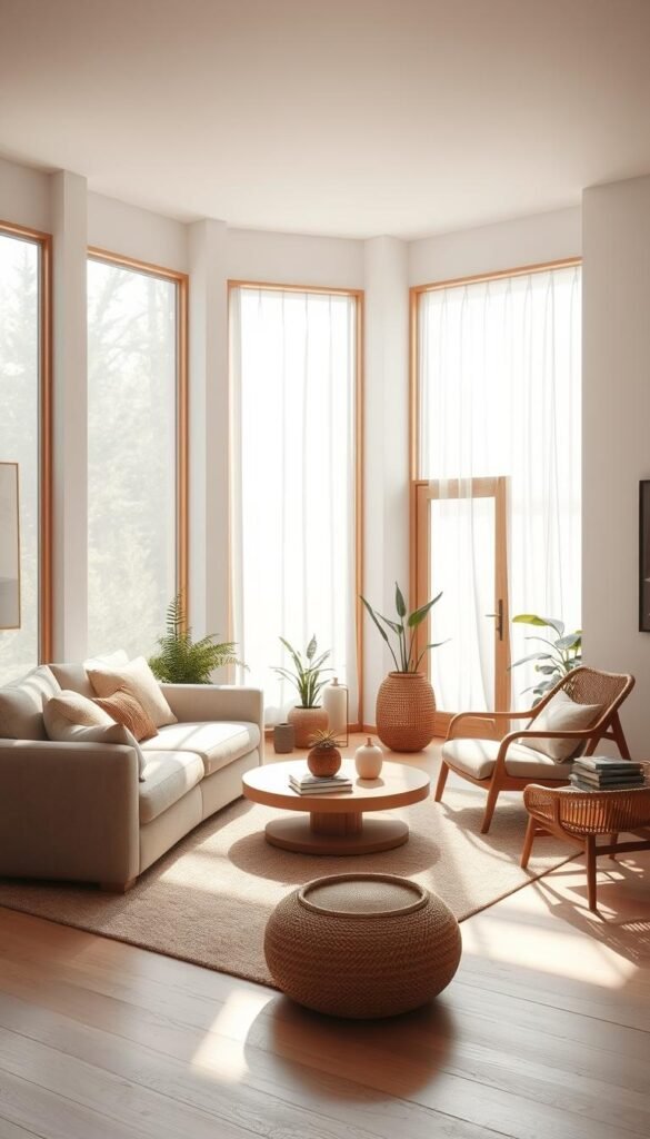 A cozy and inviting Japandi-inspired living room bathed in natural light. The space is filled with soft, diffused illumination streaming through large windows, creating a serene and calming atmosphere. The minimalist furniture, including a plush sofa and armchair, are arranged to maximize the natural light. Warm-toned wooden accents, woven textures, and potted plants add to the organic, nature-inspired ambiance. The room is captured from an angle that emphasizes the harmonious balance of light and shadow, showcasing the serene, minimalist elegance of the Japandi design aesthetic. A cozy and inviting Japandi-inspired living room bathed in natural light. The space is filled with soft, diffused illumination streaming through large windows, creating a serene and calming atmosphere. The minimalist furniture, including a plush sofa and armchair, are arranged to maximize the natural light. Warm-toned wooden accents, woven textures, and potted plants add to the organic, nature-inspired ambiance. The room is captured from an angle that emphasizes the harmonious balance of light and shadow, showcasing the serene, minimalist elegance of the Japandi design aesthetic.