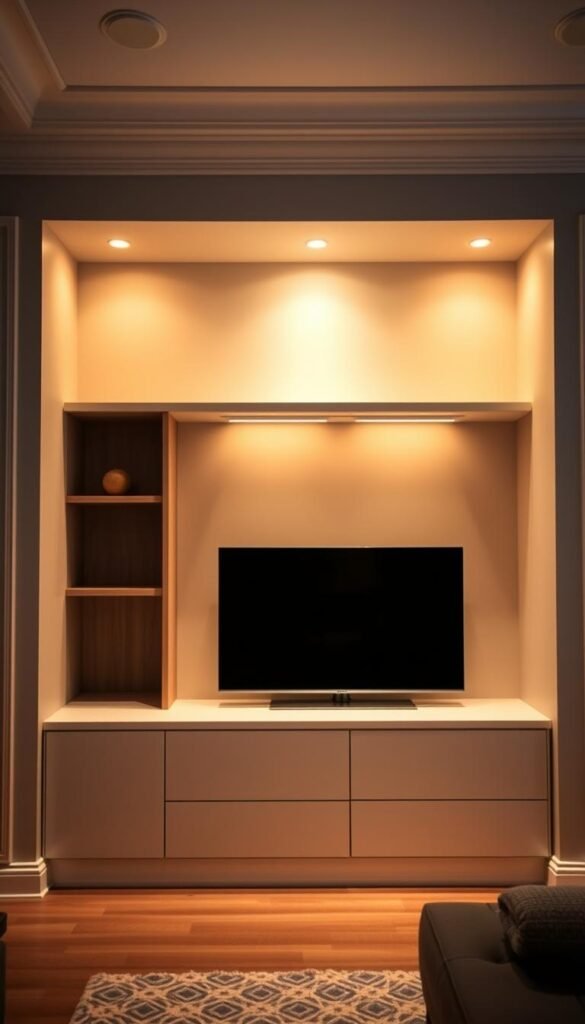A cozy and inviting alcove, bathed in warm, soft lighting. The nook features a sleek, minimalist TV unit, seamlessly integrated into the wall's design. Recessed shelving on either side provides discreet storage space, while a floating shelf above the TV adds a touch of elegance. The alcove is framed by subtle architectural details, such as subtle molding and recessed lighting, creating a harmonious and visually appealing focal point. The overall aesthetic is one of understated sophistication, effortlessly blending technology and interior design.
