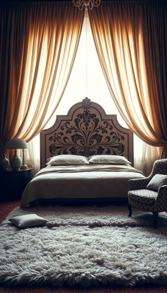 A cozy and inviting bedroom, drenched in a lush, multi-textured pattern. The focal point is a large, plush bed with a dramatic, oversized headboard adorned with an intricate, floral-inspired design. Soft, billowing curtains in a complementary pattern frame the scene, casting a warm, diffused light throughout the space. The floor is covered in a plush, patterned area rug, adding depth and dimension. Accent pieces, such as a patterned throw pillow and a vintage, patterned armchair, create a visually captivating and harmonious environment. The overall mood is one of comfort, luxury, and a touch of whimsy, inviting the viewer to sink into the serene and enveloping design. A cozy and inviting bedroom, drenched in a lush, multi-textured pattern. The focal point is a large, plush bed with a dramatic, oversized headboard adorned with an intricate, floral-inspired design. Soft, billowing curtains in a complementary pattern frame the scene, casting a warm, diffused light throughout the space. The floor is covered in a plush, patterned area rug, adding depth and dimension. Accent pieces, such as a patterned throw pillow and a vintage, patterned armchair, create a visually captivating and harmonious environment. The overall mood is one of comfort, luxury, and a touch of whimsy, inviting the viewer to sink into the serene and enveloping design.