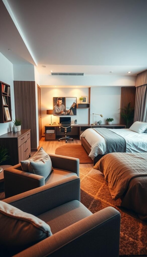 A cozy and inviting bedroom layout with distinct activity zones. In the foreground, a plush seating area with a comfortable armchair and a small side table, perfect for reading or relaxing. The middle ground features a well-organized workspace, complete with a sleek desk and an ergonomic chair, bathed in warm, diffused lighting. The background showcases a tranquil sleeping area, centered around a luxurious bed with crisp, white linens and soft pillows. The overall atmosphere is one of balance and harmony, with natural elements like wooden accents and potted plants adding a touch of tranquility. The scene is captured with a wide-angle lens, highlighting the seamless flow between the different zones and the overall sense of functionality and comfort. A cozy and inviting bedroom layout with distinct activity zones. In the foreground, a plush seating area with a comfortable armchair and a small side table, perfect for reading or relaxing. The middle ground features a well-organized workspace, complete with a sleek desk and an ergonomic chair, bathed in warm, diffused lighting. The background showcases a tranquil sleeping area, centered around a luxurious bed with crisp, white linens and soft pillows. The overall atmosphere is one of balance and harmony, with natural elements like wooden accents and potted plants adding a touch of tranquility. The scene is captured with a wide-angle lens, highlighting the seamless flow between the different zones and the overall sense of functionality and comfort.