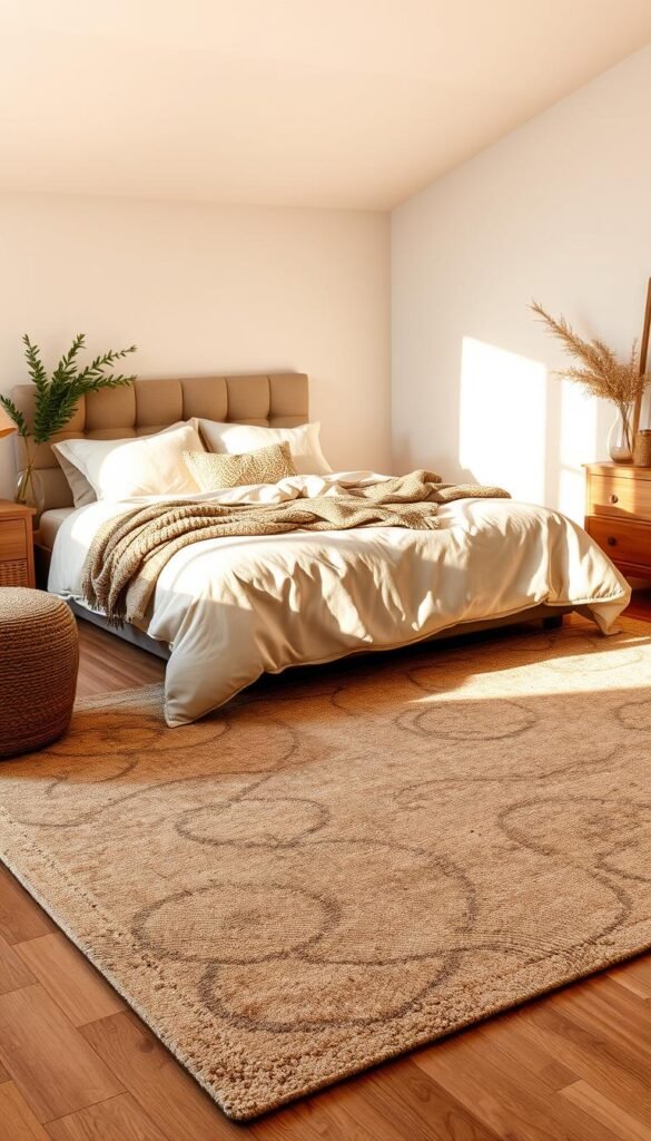 A cozy and inviting bedroom rug, featuring a muted, earthy color palette that creates a harmonious and calming atmosphere. The rug's pattern is a subtle, abstract design that adds visual interest without overwhelming the space. The lighting is soft and diffused, casting a warm glow that enhances the natural textures and hues of the rug. The angle showcases the rug's size and placement within the bedroom, highlighting how it seamlessly integrates with the overall decor and complements the room's furniture and other furnishings. A cozy and inviting bedroom rug, featuring a muted, earthy color palette that creates a harmonious and calming atmosphere. The rug's pattern is a subtle, abstract design that adds visual interest without overwhelming the space. The lighting is soft and diffused, casting a warm glow that enhances the natural textures and hues of the rug. The angle showcases the rug's size and placement within the bedroom, highlighting how it seamlessly integrates with the overall decor and complements the room's furniture and other furnishings.