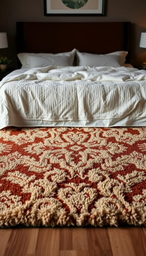 A cozy and inviting bedroom rug with a distinct purpose and stylistic flair. A plush, textured centerpiece that anchors the space, its warm hues and intricate pattern lending an air of sophistication. Soft lighting casts a gentle glow, accentuating the rug's luxurious pile and highlighting its role as a focal point. The rug's design seamlessly blends function and aesthetics, striking a balance between comfort and visual appeal. This bedroom rug is a thoughtful choice, reflecting the owner's personal style and contributing to the overall harmony of the room. A cozy and inviting bedroom rug with a distinct purpose and stylistic flair. A plush, textured centerpiece that anchors the space, its warm hues and intricate pattern lending an air of sophistication. Soft lighting casts a gentle glow, accentuating the rug's luxurious pile and highlighting its role as a focal point. The rug's design seamlessly blends function and aesthetics, striking a balance between comfort and visual appeal. This bedroom rug is a thoughtful choice, reflecting the owner's personal style and contributing to the overall harmony of the room.
