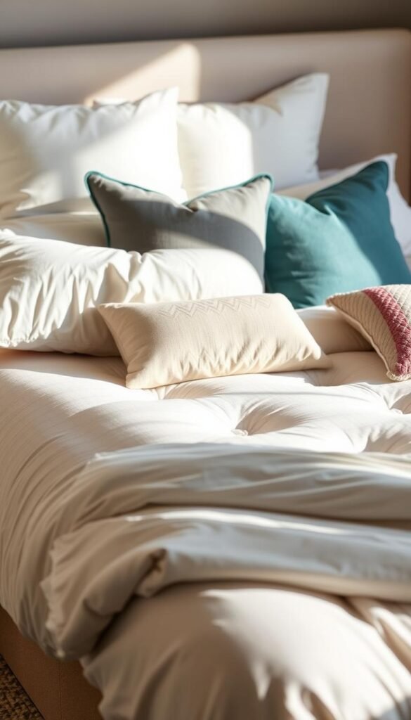 A cozy and inviting bedroom scene with a supportive mattress and plush pillows taking center stage. The mattress is dressed in crisp, high-thread-count sheets and a luxurious duvet, beckoning the viewer to sink in and experience the ultimate in comfort and relaxation. Soft, natural lighting bathes the scene, creating a warm and soothing atmosphere. Thoughtfully placed accent pillows in a harmonious color palette add depth and visual interest. The overall composition suggests the importance of prioritizing quality sleep for a restful and rejuvenating night's sleep. A cozy and inviting bedroom scene with a supportive mattress and plush pillows taking center stage. The mattress is dressed in crisp, high-thread-count sheets and a luxurious duvet, beckoning the viewer to sink in and experience the ultimate in comfort and relaxation. Soft, natural lighting bathes the scene, creating a warm and soothing atmosphere. Thoughtfully placed accent pillows in a harmonious color palette add depth and visual interest. The overall composition suggests the importance of prioritizing quality sleep for a restful and rejuvenating night's sleep.