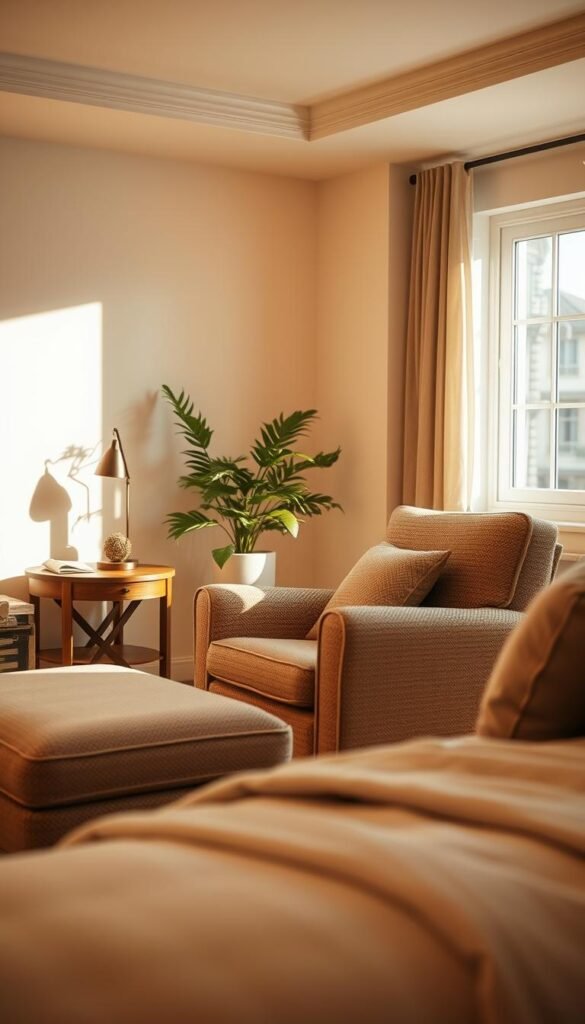 A cozy and inviting bedroom seating area, bathed in warm, soft lighting. In the foreground, a plush armchair and ottoman set, upholstered in a neutral, textured fabric, inviting relaxation. In the middle ground, a wooden side table with a reading lamp and a decorative potted plant, adding a touch of nature. The background features a large window, allowing natural light to filter in, creating a serene and calming atmosphere. The overall layout is balanced, with the seating area positioned strategically to encourage moments of respite and contemplation. A cozy and inviting bedroom seating area, bathed in warm, soft lighting. In the foreground, a plush armchair and ottoman set, upholstered in a neutral, textured fabric, inviting relaxation. In the middle ground, a wooden side table with a reading lamp and a decorative potted plant, adding a touch of nature. The background features a large window, allowing natural light to filter in, creating a serene and calming atmosphere. The overall layout is balanced, with the seating area positioned strategically to encourage moments of respite and contemplation.