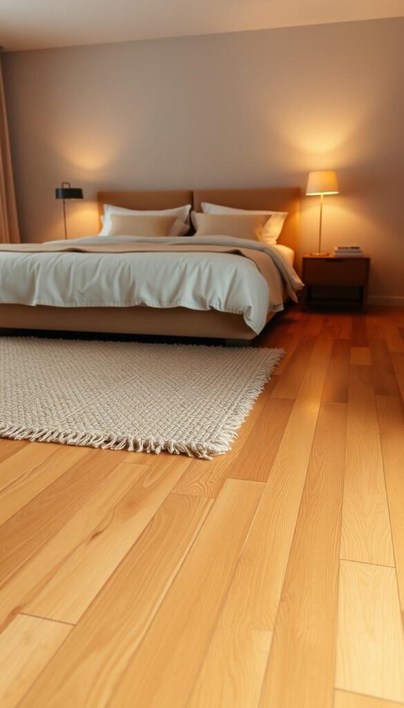 A cozy and inviting bedroom setting, showcasing a warm and plush hardwood floor in a rich, honey-toned hue. The floor is subtly distressed, adding depth and character. Soft, diffused lighting from a pair of minimalist bedside lamps casts a gentle glow, creating a serene and calming ambiance. Lush, textured area rugs in natural fibers, such as jute or sisal, are strategically placed to provide additional comfort and visual interest. The overall composition exudes a sense of luxury and sophistication, perfectly complementing the tranquil atmosphere of the bedroom. A cozy and inviting bedroom setting, showcasing a warm and plush hardwood floor in a rich, honey-toned hue. The floor is subtly distressed, adding depth and character. Soft, diffused lighting from a pair of minimalist bedside lamps casts a gentle glow, creating a serene and calming ambiance. Lush, textured area rugs in natural fibers, such as jute or sisal, are strategically placed to provide additional comfort and visual interest. The overall composition exudes a sense of luxury and sophistication, perfectly complementing the tranquil atmosphere of the bedroom.