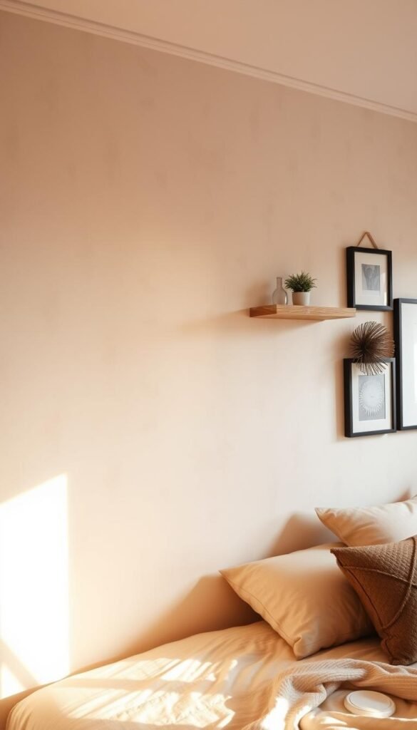 A cozy and inviting bedroom wall, bathed in warm, soft lighting that highlights a harmonious palette of muted, earthy tones. The main wall features a soothing, neutral base color, complemented by subtle textural elements like a gentle wallpaper pattern or a lightly-distressed plaster finish. Strategically placed decorative accents, such as wall-mounted shelves or framed artwork, add visual interest and depth, creating a visually balanced and visually appealing space. The overall atmosphere is one of tranquility and relaxation, perfectly suited for a restful and rejuvenating bedroom retreat.