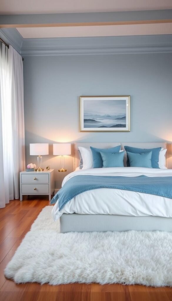 A cozy and inviting bedroom with a harmonious blend of blue and white hues. In the foreground, a plush king-sized bed with crisp white linens and soft blue throws and pillows. The middle ground features a pair of matching nightstands with sleek, white lamps casting a warm, ambient glow. In the background, a feature wall painted in a soothing powder blue tone, complemented by a large, framed landscape artwork. Warm wooden flooring and a fluffy white area rug create a cohesive and serene atmosphere. Natural light filters through sheer, white curtains, adding a sense of tranquility to the scene. The overall aesthetic is elegant, calming, and effortlessly sophisticated. A cozy and inviting bedroom with a harmonious blend of blue and white hues. In the foreground, a plush king-sized bed with crisp white linens and soft blue throws and pillows. The middle ground features a pair of matching nightstands with sleek, white lamps casting a warm, ambient glow. In the background, a feature wall painted in a soothing powder blue tone, complemented by a large, framed landscape artwork. Warm wooden flooring and a fluffy white area rug create a cohesive and serene atmosphere. Natural light filters through sheer, white curtains, adding a sense of tranquility to the scene. The overall aesthetic is elegant, calming, and effortlessly sophisticated.