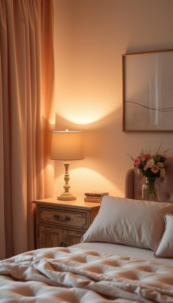 A cozy and inviting bedroom with a soft, layered color palette. The foreground features a plush, tufted headboard in a muted shade of blush, complemented by delicate, flowing curtains in a complementary hue. The middle ground showcases a wooden nightstand with a gently worn, distressed finish, topped with a vintage-inspired lamp and a vase of fresh flowers. The background reveals a neutral-toned wall, adorned with a minimalist, abstract art piece that adds depth and interest to the space. The overall lighting is warm and diffused, creating a tranquil and serene atmosphere. The composition is balanced and visually appealing, showcasing a harmonious blend of textures and tones.
