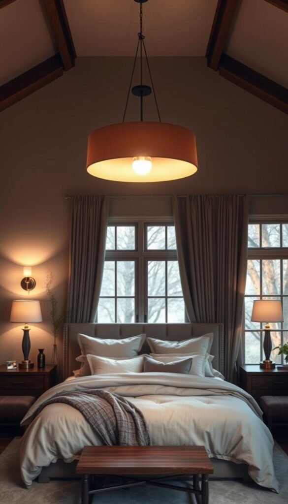 A cozy and inviting bedroom with a warm, soft lighting design. The focal point is a stunning, oversized pendant light fixture, its gentle glow illuminating the space. Ambient lighting from sconces on the walls and a pair of bedside lamps create a harmonious, layered effect. Luxurious bedding and textiles in muted tones complement the lighting, conveying a sense of relaxation and sophistication. Wooden furniture and accents add a natural, organic feel, while large windows allow natural light to filter in, creating a serene and tranquil atmosphere. A cozy and inviting bedroom with a warm, soft lighting design. The focal point is a stunning, oversized pendant light fixture, its gentle glow illuminating the space. Ambient lighting from sconces on the walls and a pair of bedside lamps create a harmonious, layered effect. Luxurious bedding and textiles in muted tones complement the lighting, conveying a sense of relaxation and sophistication. Wooden furniture and accents add a natural, organic feel, while large windows allow natural light to filter in, creating a serene and tranquil atmosphere.