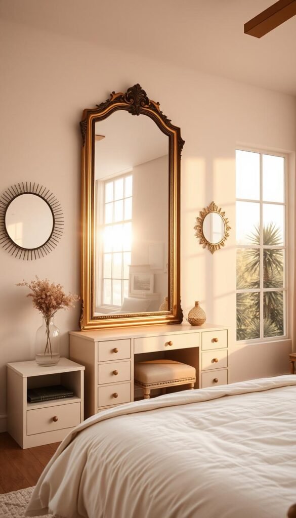 A cozy and inviting bedroom with an abundance of natural light streaming in through large windows. The focal point is a beautifully framed vanity mirror that spans the entire length of the wall, strategically placed to maximize the perception of space and reflect the warm, golden glow of the setting sun. Complementing the mirror, two smaller decorative mirrors are hung on either side, creating an elegant and symmetrical arrangement that enhances the overall sense of depth and illumination. The bedroom's neutral color palette, soft textiles, and minimal decor elements work together to create a calming, serene atmosphere. A cozy and inviting bedroom with an abundance of natural light streaming in through large windows. The focal point is a beautifully framed vanity mirror that spans the entire length of the wall, strategically placed to maximize the perception of space and reflect the warm, golden glow of the setting sun. Complementing the mirror, two smaller decorative mirrors are hung on either side, creating an elegant and symmetrical arrangement that enhances the overall sense of depth and illumination. The bedroom's neutral color palette, soft textiles, and minimal decor elements work together to create a calming, serene atmosphere.