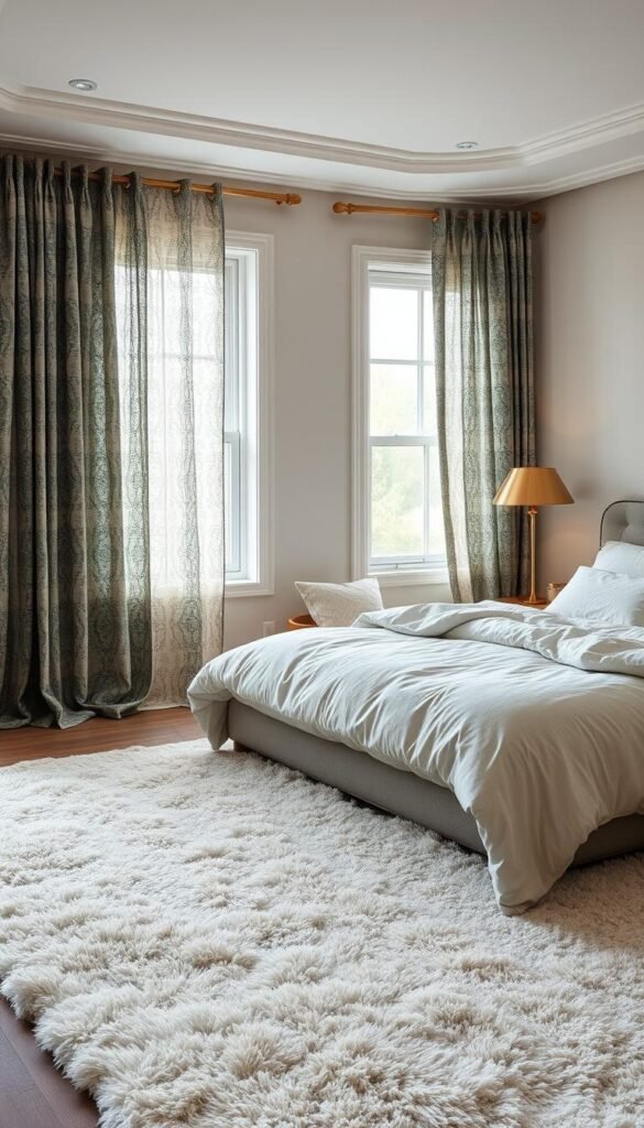 A cozy and inviting bedroom with harmonious textiles. Soft, plush bedding in neutral tones of ivory, beige, and grey creates a serene and calming atmosphere. Intricately patterned curtains in shades of blue and green flank the windows, diffusing natural light and adding depth. A large, fluffy rug in an abstract design anchors the space, seamlessly blending with the bed linens. Subtle metallic accents, such as a gleaming brass table lamp, lend a touch of elegant sophistication. The overall aesthetic is one of effortless style and tranquility, perfect for a relaxing and restorative retreat.