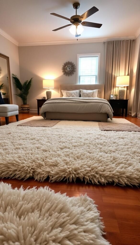 A cozy and inviting bedroom with plush, layered area rugs covering the hardwood flooring. The main rug is a thick, shaggy off-white design that spans the majority of the floor, with smaller accent rugs in complementary earth-toned patterns placed strategically around the space. Soft, warm lighting from table lamps and a central overhead fixture creates a relaxing ambiance. The scene is captured from a low angle, emphasizing the luxurious textural quality of the rugs and the overall sense of comfort and relaxation. A cozy and inviting bedroom with plush, layered area rugs covering the hardwood flooring. The main rug is a thick, shaggy off-white design that spans the majority of the floor, with smaller accent rugs in complementary earth-toned patterns placed strategically around the space. Soft, warm lighting from table lamps and a central overhead fixture creates a relaxing ambiance. The scene is captured from a low angle, emphasizing the luxurious textural quality of the rugs and the overall sense of comfort and relaxation.