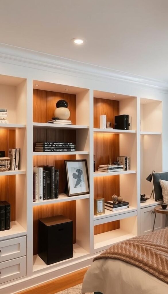 A cozy and inviting built-in bookshelf installation, its clean lines and seamless integration with the bedroom's neutral color palette creating a harmonious, modern aesthetic. Warm, soft lighting from recessed fixtures casts a gentle glow, accentuating the rich wood tones and crisp white shelves. Meticulously arranged books, decorative accents, and framed artwork add visual interest and personality, while the flanking alcoves provide additional display and storage space. The shelves' depth and layout maximize utility without sacrificing the room's airy, open feel, resulting in a sophisticated, clutter-free sanctuary perfect for relaxation and inspiration. A cozy and inviting built-in bookshelf installation, its clean lines and seamless integration with the bedroom's neutral color palette creating a harmonious, modern aesthetic. Warm, soft lighting from recessed fixtures casts a gentle glow, accentuating the rich wood tones and crisp white shelves. Meticulously arranged books, decorative accents, and framed artwork add visual interest and personality, while the flanking alcoves provide additional display and storage space. The shelves' depth and layout maximize utility without sacrificing the room's airy, open feel, resulting in a sophisticated, clutter-free sanctuary perfect for relaxation and inspiration.