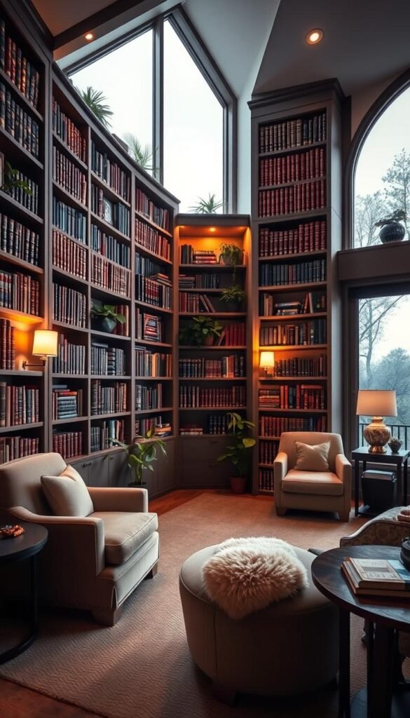 A cozy and inviting custom bedroom library design with a sprawling bookshelf wall, complemented by plush armchairs and a reading nook. Soft, warm lighting from sconces and a large window illuminates the space, casting a gentle glow on the meticulously curated collection of leather-bound volumes. The bookshelf features a mix of books, plants, and decorative accents, creating a harmonious balance of function and aesthetics. In the foreground, a comfortable armchair with a plush throw invites the viewer to curl up with a good book, while the middle ground showcases the expansive bookshelf wall. The background features a large window overlooking a serene outdoor scene, adding depth and a sense of tranquility to the overall design. A cozy and inviting custom bedroom library design with a sprawling bookshelf wall, complemented by plush armchairs and a reading nook. Soft, warm lighting from sconces and a large window illuminates the space, casting a gentle glow on the meticulously curated collection of leather-bound volumes. The bookshelf features a mix of books, plants, and decorative accents, creating a harmonious balance of function and aesthetics. In the foreground, a comfortable armchair with a plush throw invites the viewer to curl up with a good book, while the middle ground showcases the expansive bookshelf wall. The background features a large window overlooking a serene outdoor scene, adding depth and a sense of tranquility to the overall design.