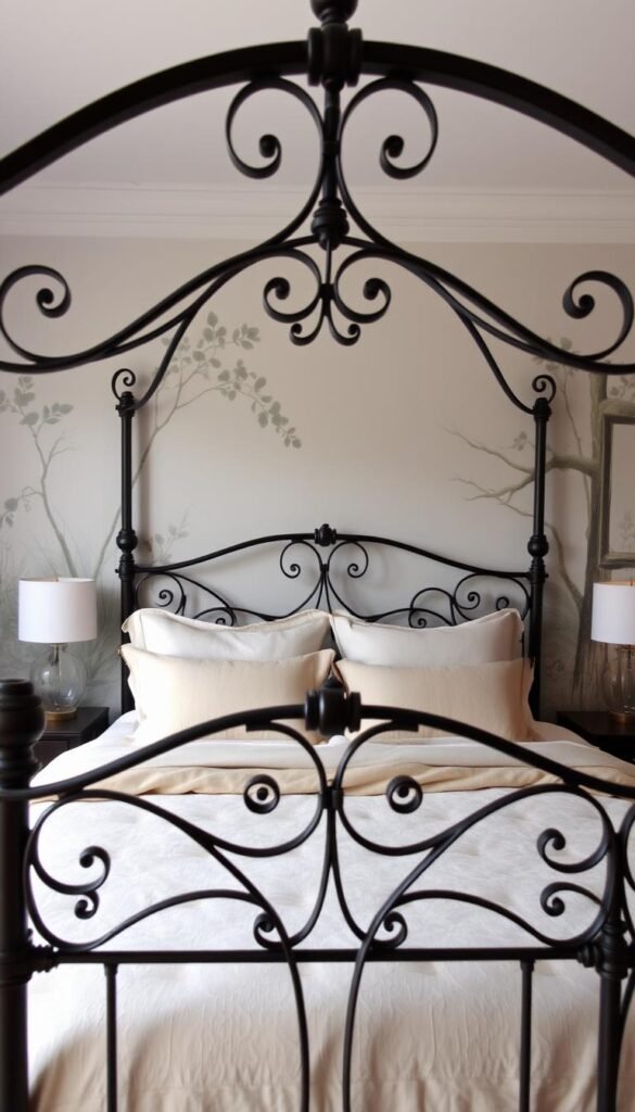 A cozy and inviting guest bedroom with a beautiful wrought-iron bed frame in the foreground. The frame has intricate scrollwork and a dark bronze finish that adds warmth and character to the space. The bed is adorned with plush bedding in soft, neutral tones, creating a serene and comfortable atmosphere. The middle ground features a pair of nightstands with minimal, modern lamps, while the background showcases a tranquil, nature-inspired wallpaper pattern or mural, evoking a sense of relaxation and escape. The lighting is soft and diffused, casting a gentle glow over the entire scene, making it feel welcoming and inviting for any guest. A cozy and inviting guest bedroom with a beautiful wrought-iron bed frame in the foreground. The frame has intricate scrollwork and a dark bronze finish that adds warmth and character to the space. The bed is adorned with plush bedding in soft, neutral tones, creating a serene and comfortable atmosphere. The middle ground features a pair of nightstands with minimal, modern lamps, while the background showcases a tranquil, nature-inspired wallpaper pattern or mural, evoking a sense of relaxation and escape. The lighting is soft and diffused, casting a gentle glow over the entire scene, making it feel welcoming and inviting for any guest.