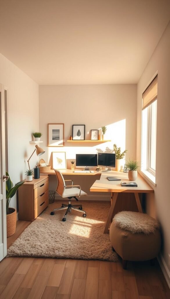 A cozy and inviting home office nestled in a sunny corner, featuring a sleek L-shaped desk with ample workspace and storage. The room is bathed in warm, natural light from a large window, casting a soft, golden glow. Minimal, Scandinavian-inspired decor creates a serene and productive atmosphere, with touches of greenery and a plush, neutral-toned rug underfoot. A comfortable, ergonomic chair completes the setup, allowing for focused work sessions. The layout is thoughtfully designed to maximize the use of the corner space, creating a functional and visually appealing workstation. A cozy and inviting home office nestled in a sunny corner, featuring a sleek L-shaped desk with ample workspace and storage. The room is bathed in warm, natural light from a large window, casting a soft, golden glow. Minimal, Scandinavian-inspired decor creates a serene and productive atmosphere, with touches of greenery and a plush, neutral-toned rug underfoot. A comfortable, ergonomic chair completes the setup, allowing for focused work sessions. The layout is thoughtfully designed to maximize the use of the corner space, creating a functional and visually appealing workstation.