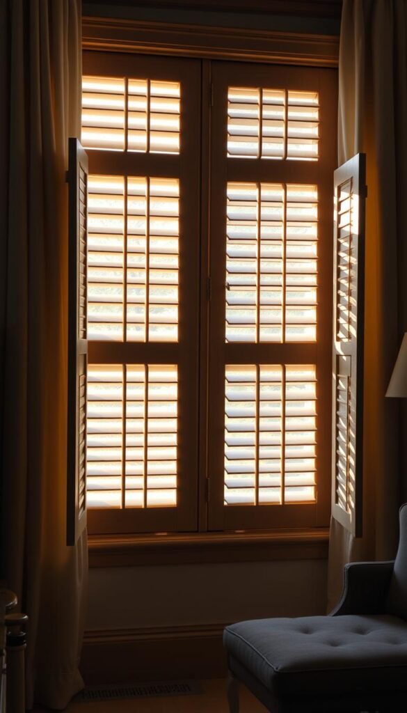 A cozy and inviting interior scene featuring a large window with classic, wooden indoor shutters. The shutters are meticulously crafted, with intricate panels and a warm, natural finish that complements the room's neutral color palette. Soft, diffused natural light filters through the slightly ajar shutters, creating a gentle, ambient glow and casting interesting shadows across the walls and floor. The window is framed by elegant, flowing curtains in a complementary hue, adding a touch of elegance. The overall atmosphere is one of understated sophistication, with the shutters serving as a functional and decorative focal point that beautifully balances light control and aesthetic appeal. A cozy and inviting interior scene featuring a large window with classic, wooden indoor shutters. The shutters are meticulously crafted, with intricate panels and a warm, natural finish that complements the room's neutral color palette. Soft, diffused natural light filters through the slightly ajar shutters, creating a gentle, ambient glow and casting interesting shadows across the walls and floor. The window is framed by elegant, flowing curtains in a complementary hue, adding a touch of elegance. The overall atmosphere is one of understated sophistication, with the shutters serving as a functional and decorative focal point that beautifully balances light control and aesthetic appeal.