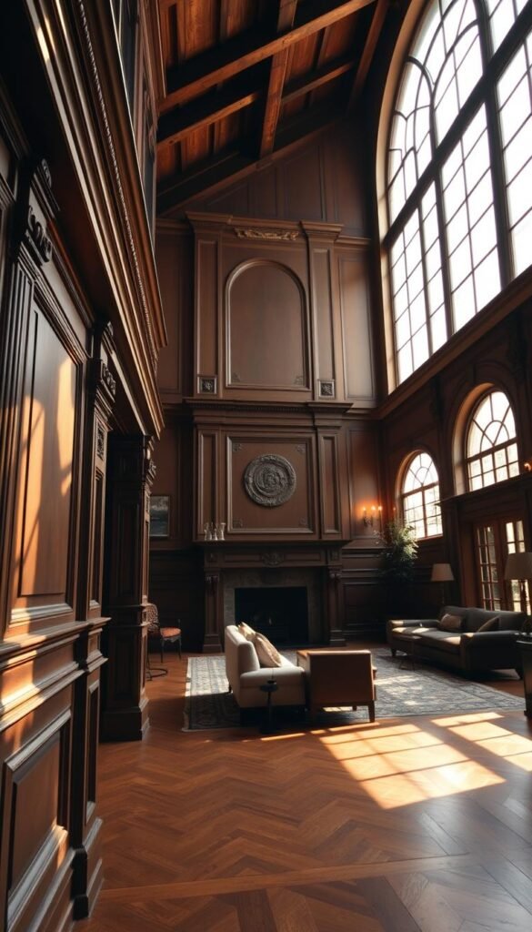 A cozy and inviting living room interior, featuring rich architectural details that add depth and character. In the foreground, elegant moldings and intricate wainscoting line the walls, casting warm shadows that play across the space. In the middle ground, a grand fireplace mantel with ornate carvings stands as the room's centerpiece, while large windows with arched transoms allow natural light to pour in. The background showcases high ceilings with exposed wood beams, creating a sense of grandeur and history. The overall atmosphere is one of timeless elegance, blending classic design elements with a modern, chic sensibility. A cozy and inviting living room interior, featuring rich architectural details that add depth and character. In the foreground, elegant moldings and intricate wainscoting line the walls, casting warm shadows that play across the space. In the middle ground, a grand fireplace mantel with ornate carvings stands as the room's centerpiece, while large windows with arched transoms allow natural light to pour in. The background showcases high ceilings with exposed wood beams, creating a sense of grandeur and history. The overall atmosphere is one of timeless elegance, blending classic design elements with a modern, chic sensibility.