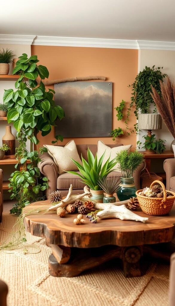 A cozy and inviting living room interior with a stunning arrangement of natural decor elements. In the foreground, a variety of lush, realistic-looking faux plants, including a tall fiddle-leaf fig tree, trailing ivy, and potted succulents, artfully placed on wooden shelves and side tables. The middle ground features a rustic, handcrafted wooden coffee table adorned with natural accents like driftwood, pinecones, and a woven basket filled with dried flowers. The background showcases a warm, earthy color palette with neutral-toned walls and cozy, textured furnishings, creating an organic, Pinterest-worthy ambiance. Soft, diffused lighting casts a soothing glow, enhancing the natural, calming atmosphere. A cozy and inviting living room interior with a stunning arrangement of natural decor elements. In the foreground, a variety of lush, realistic-looking faux plants, including a tall fiddle-leaf fig tree, trailing ivy, and potted succulents, artfully placed on wooden shelves and side tables. The middle ground features a rustic, handcrafted wooden coffee table adorned with natural accents like driftwood, pinecones, and a woven basket filled with dried flowers. The background showcases a warm, earthy color palette with neutral-toned walls and cozy, textured furnishings, creating an organic, Pinterest-worthy ambiance. Soft, diffused lighting casts a soothing glow, enhancing the natural, calming atmosphere.