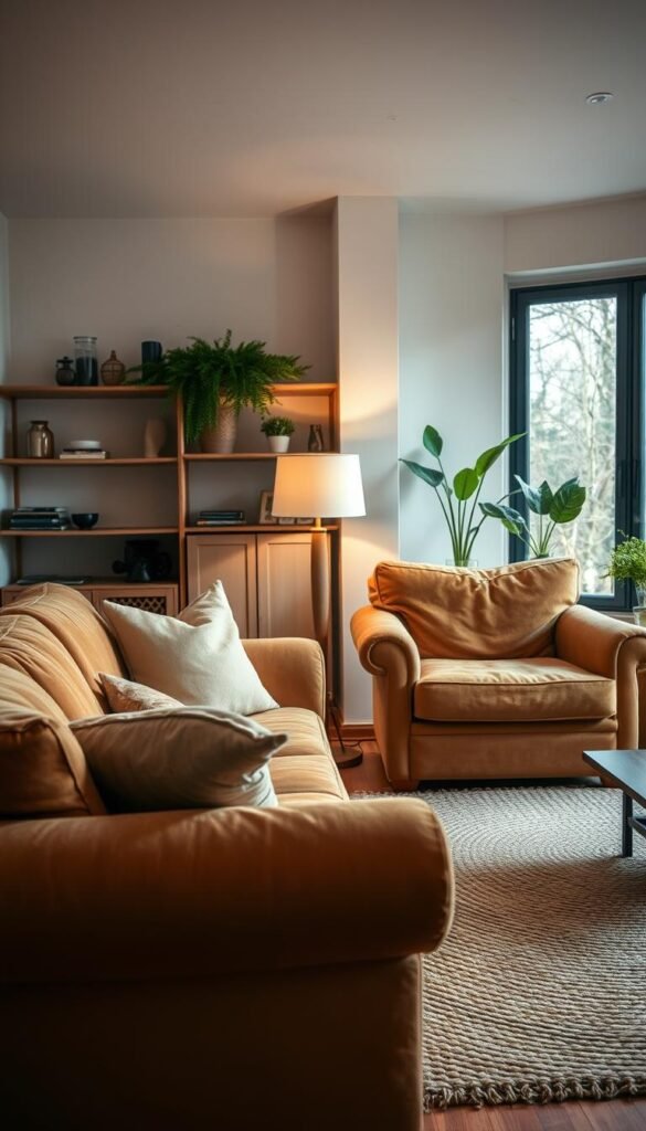 A cozy and inviting living room scene with a plush, comfortable seating arrangement. In the foreground, a deep, overstuffed sofa and matching armchair upholstered in a warm, earthy tone, inviting the viewer to sink in and relax. Soft, diffused lighting from a floor lamp and a large window casts a gentle glow, creating a calming ambiance. In the middle ground, a large, woven area rug grounds the space, its neutral tones complementing the furniture. In the background, wooden shelves display decorative items and plants, adding natural elements to the scene. The overall atmosphere evokes a sense of contentment and tranquility, perfectly suited for an article on creating a cozy and inviting living room. A cozy and inviting living room scene with a plush, comfortable seating arrangement. In the foreground, a deep, overstuffed sofa and matching armchair upholstered in a warm, earthy tone, inviting the viewer to sink in and relax. Soft, diffused lighting from a floor lamp and a large window casts a gentle glow, creating a calming ambiance. In the middle ground, a large, woven area rug grounds the space, its neutral tones complementing the furniture. In the background, wooden shelves display decorative items and plants, adding natural elements to the scene. The overall atmosphere evokes a sense of contentment and tranquility, perfectly suited for an article on creating a cozy and inviting living room.