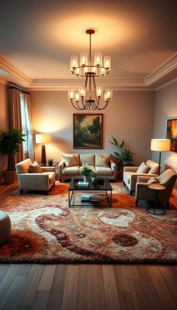 A cozy and inviting living room with distinct zones defined by a large, plush area rug. The rug features a warm, earthy palette of rich browns, subtle oranges, and muted greens, creating a sense of depth and texture. The rug's intricate, abstract pattern adds visual interest and defines the seating and conversation areas. Soft, diffused lighting from floor lamps and a large, central chandelier casts a warm glow, enhancing the room's welcoming ambiance. The furniture, including a loveseat, armchair, and coffee table, is arranged to encourage conversation and relaxation. Potted plants and artful decor elements add a touch of nature and sophistication, while the neutral wall color and wood-paneled floors provide a harmonious backdrop. A cozy and inviting living room with distinct zones defined by a large, plush area rug. The rug features a warm, earthy palette of rich browns, subtle oranges, and muted greens, creating a sense of depth and texture. The rug's intricate, abstract pattern adds visual interest and defines the seating and conversation areas. Soft, diffused lighting from floor lamps and a large, central chandelier casts a warm glow, enhancing the room's welcoming ambiance. The furniture, including a loveseat, armchair, and coffee table, is arranged to encourage conversation and relaxation. Potted plants and artful decor elements add a touch of nature and sophistication, while the neutral wall color and wood-paneled floors provide a harmonious backdrop.