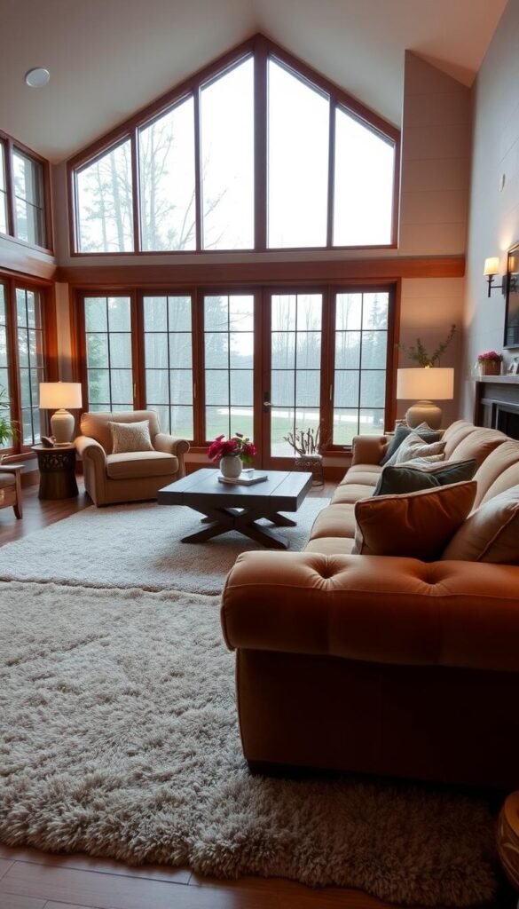 A cozy and inviting living room with plush, comfortable furniture. In the foreground, a deep, overstuffed sofa in a warm, earthy tone invites you to sink in and relax. Beside it, a large, tufted armchair in a complementary color offers additional seating. The middle ground features a sturdy, wooden coffee table with a smooth, natural finish, surrounded by soft, plush area rugs in muted, natural hues. The background showcases a wall of large windows, allowing natural light to flood the space and create a serene, tranquil atmosphere. Subtle ambient lighting, such as table lamps and wall sconces, adds to the inviting ambiance. The overall scene conveys a sense of warmth, comfort, and an irresistible desire to relax and unwind. A cozy and inviting living room with plush, comfortable furniture. In the foreground, a deep, overstuffed sofa in a warm, earthy tone invites you to sink in and relax. Beside it, a large, tufted armchair in a complementary color offers additional seating. The middle ground features a sturdy, wooden coffee table with a smooth, natural finish, surrounded by soft, plush area rugs in muted, natural hues. The background showcases a wall of large windows, allowing natural light to flood the space and create a serene, tranquil atmosphere. Subtle ambient lighting, such as table lamps and wall sconces, adds to the inviting ambiance. The overall scene conveys a sense of warmth, comfort, and an irresistible desire to relax and unwind.