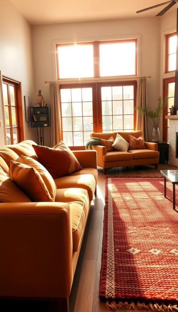 A cozy and inviting living space with a warm color palette. The foreground features a plush sofa in a rich caramel hue, accented by soft throw pillows in earthy tones of ochre and terracotta. The middle ground showcases a pair of armchairs in a muted burnt orange, creating a harmonious seating arrangement. In the background, a large, textured rug in a deep burgundy grounds the space, while natural light streams in through large windows, casting a golden glow throughout the room. The overall atmosphere evokes a sense of comfort and relaxation, perfect for a Pinterest-worthy living room design. A cozy and inviting living space with a warm color palette. The foreground features a plush sofa in a rich caramel hue, accented by soft throw pillows in earthy tones of ochre and terracotta. The middle ground showcases a pair of armchairs in a muted burnt orange, creating a harmonious seating arrangement. In the background, a large, textured rug in a deep burgundy grounds the space, while natural light streams in through large windows, casting a golden glow throughout the room. The overall atmosphere evokes a sense of comfort and relaxation, perfect for a Pinterest-worthy living room design.