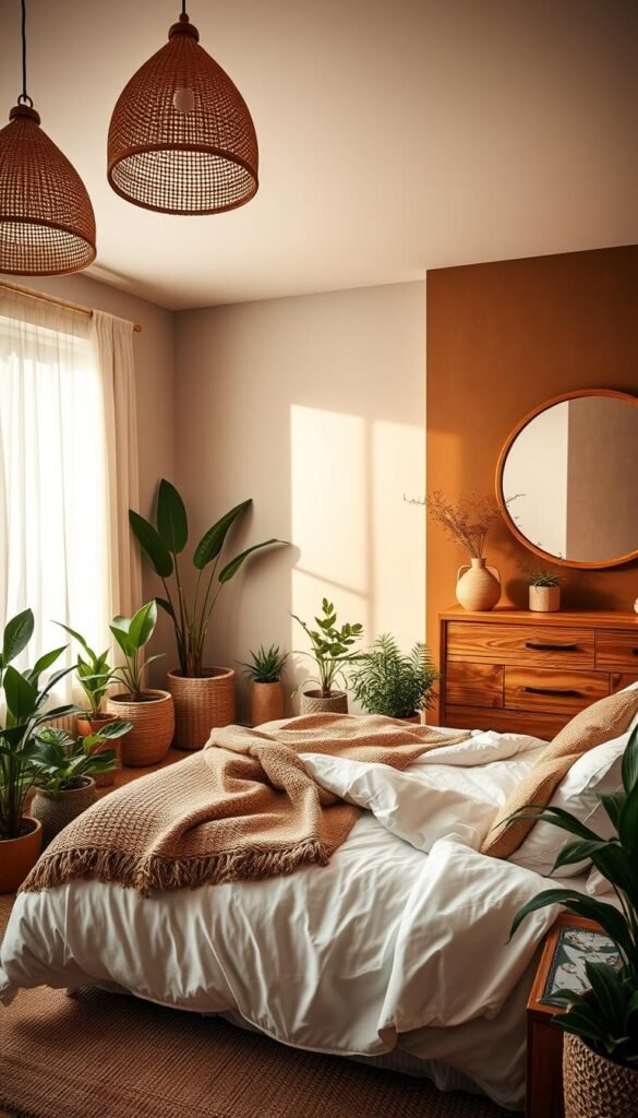 A cozy and inviting organic bedroom, filled with natural textures and soothing tones. In the foreground, a plush king-size bed dressed in crisp white linens and a woven blanket, surrounded by a mixture of potted plants, a wooden nightstand, and a rattan pendant light. The middle ground showcases a large picture window, allowing warm, diffused natural light to pour in, casting a serene glow. In the background, a smooth, earthy-toned accent wall complemented by a simple, minimalist dresser and a large, circular mirror with a wooden frame. The overall atmosphere is calm, harmonious, and deeply connected to the natural world.
