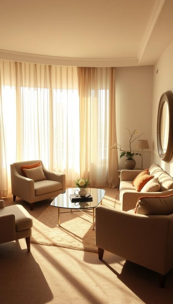 A cozy and inviting small living room, bathed in warm, soft light that filters through sheer curtains, casting gentle shadows and reflections across the space. The room is furnished with a plush, low-profile sofa and a pair of armchairs arranged around a sleek, glass-top coffee table. Sunlight streams in through large windows, illuminating the room's neutral palette of beige, tan, and soft gray tones. Strategically placed mirrors on the walls and tabletop surfaces amplify the natural light, creating a sense of depth and openness. The overall atmosphere is one of tranquility, comfort, and a harmonious balance between light and shadow. A cozy and inviting small living room, bathed in warm, soft light that filters through sheer curtains, casting gentle shadows and reflections across the space. The room is furnished with a plush, low-profile sofa and a pair of armchairs arranged around a sleek, glass-top coffee table. Sunlight streams in through large windows, illuminating the room's neutral palette of beige, tan, and soft gray tones. Strategically placed mirrors on the walls and tabletop surfaces amplify the natural light, creating a sense of depth and openness. The overall atmosphere is one of tranquility, comfort, and a harmonious balance between light and shadow.