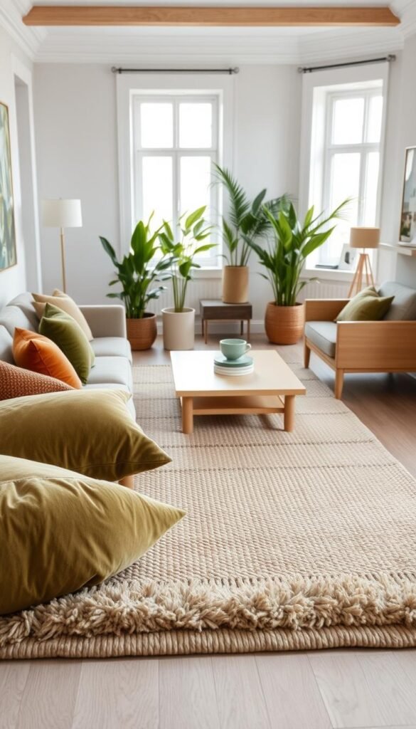 A cozy and inviting small living room filled with natural light. In the foreground, a balanced color palette of soft greens, warm browns, and muted blues seamlessly blends together. Plush textiles, such as a woven rug and velvet throw pillows, add depth and texture. The middle ground features sleek, minimalist furniture pieces in light wood tones, creating an airy and open feel. Tall, lush potted plants in the background provide a serene, nature-inspired backdrop. The overall mood is one of tranquility and sophistication, guiding the viewer's attention to the carefully curated color scheme. A cozy and inviting small living room filled with natural light. In the foreground, a balanced color palette of soft greens, warm browns, and muted blues seamlessly blends together. Plush textiles, such as a woven rug and velvet throw pillows, add depth and texture. The middle ground features sleek, minimalist furniture pieces in light wood tones, creating an airy and open feel. Tall, lush potted plants in the background provide a serene, nature-inspired backdrop. The overall mood is one of tranquility and sophistication, guiding the viewer's attention to the carefully curated color scheme.